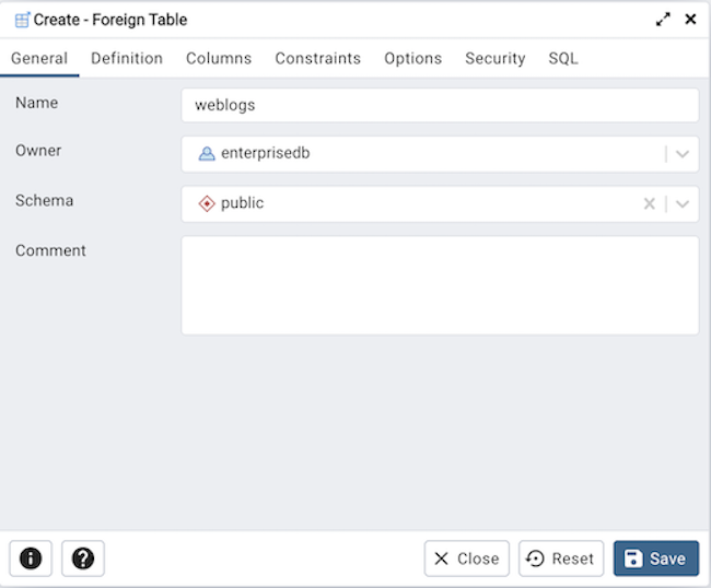 Foreign table dialog general tab