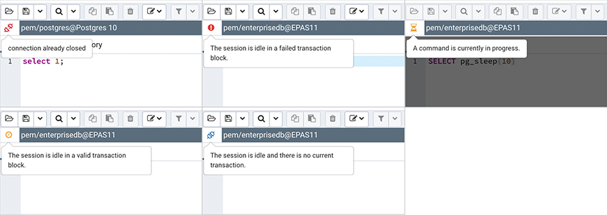 Query tool connection and transaction statuses