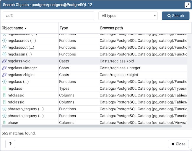 Search objects dialog