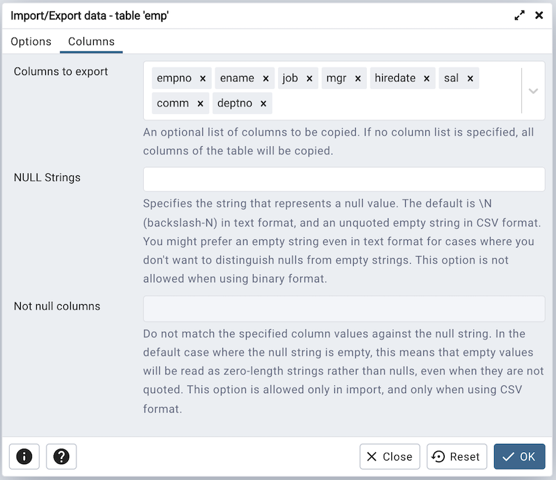 Import Export data dialog columns tab