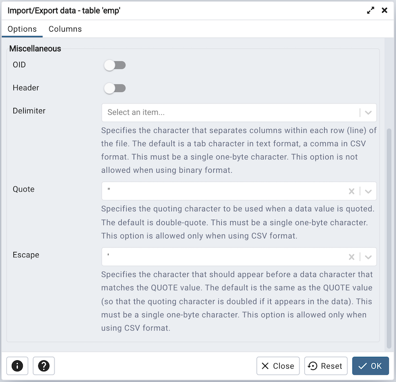 Import Export data dialog miscellaneous tab