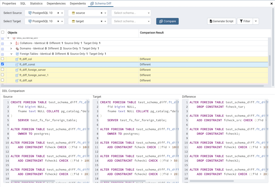 Schema diff DDL comparison