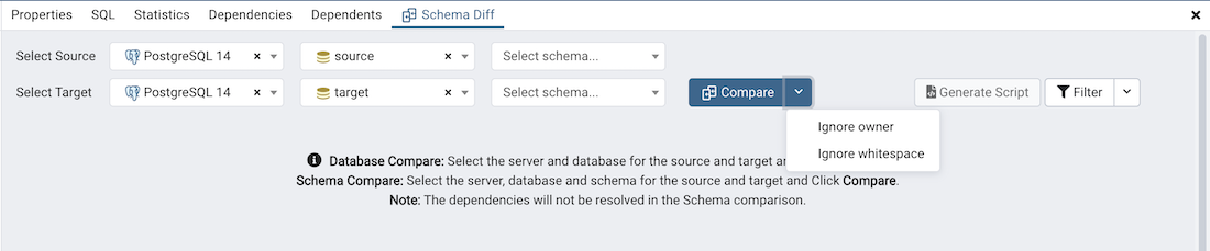 Schema diff compare button