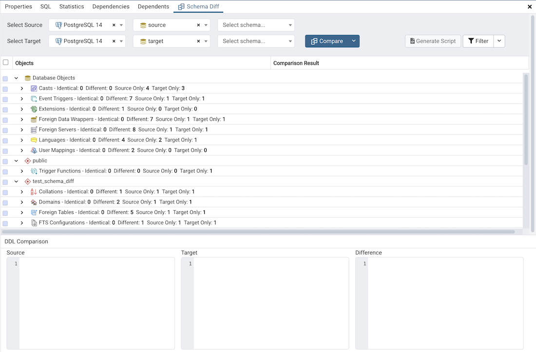 Schema diff comparison results