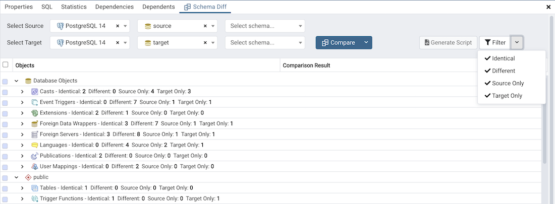 Schema diff filter option