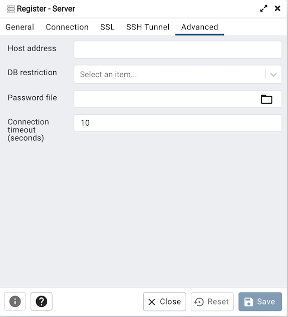 Server dialog advanced tab
