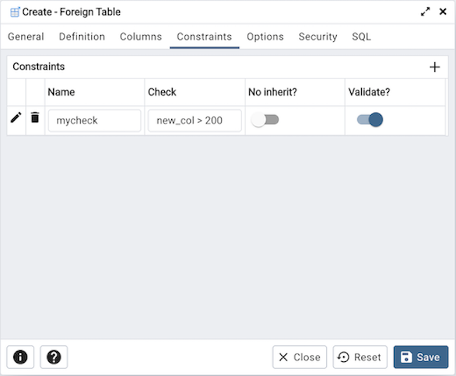 Foreign table dialog constraints tab