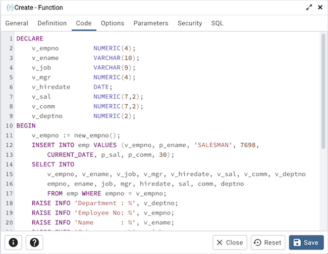 Function dialog code tab