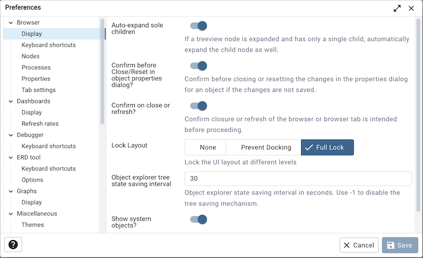 Preferences dialog browser display options