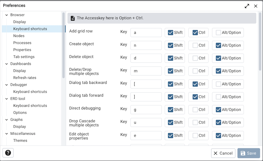 Preferences dialog browser keyboard shortcuts section