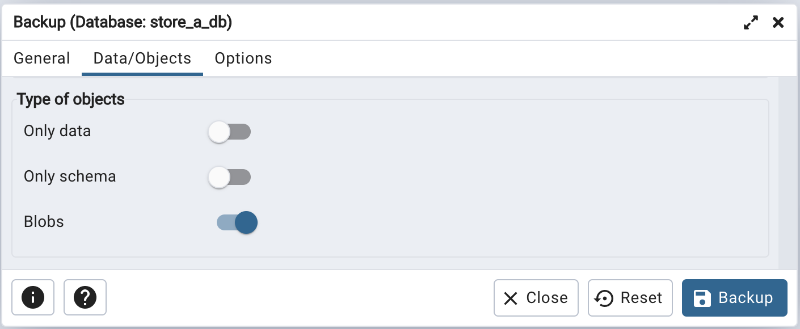 Type of objects option on backup dialog