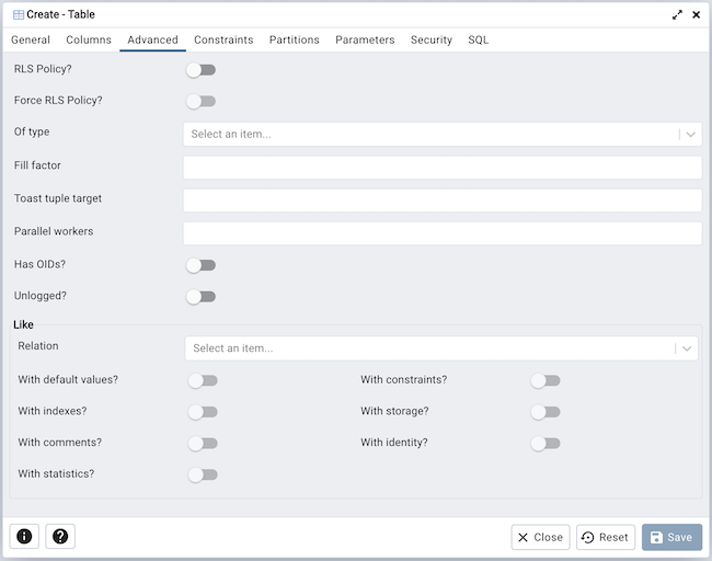 Table dialog advanced tab