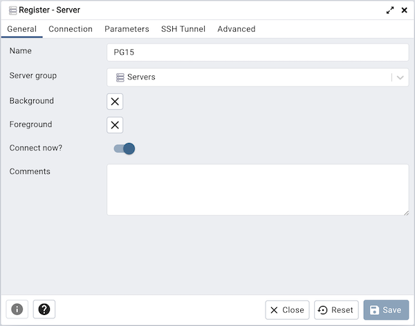 Server dialog general tab