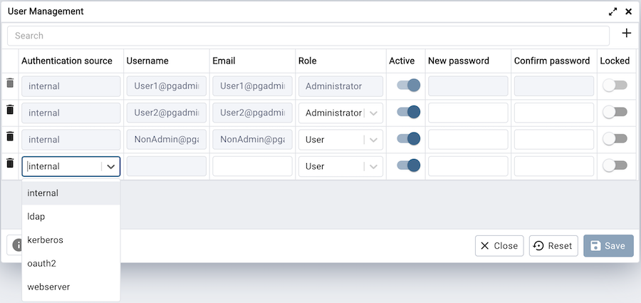 pgAdmin user management window add new user