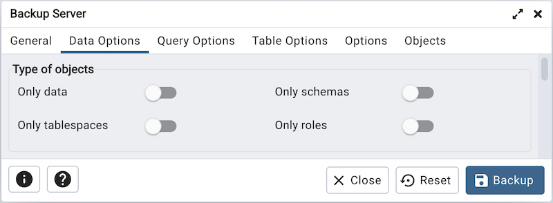 Type of objects option on backup server dialog