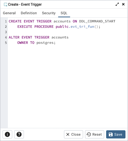 Event trigger dialog sql tab