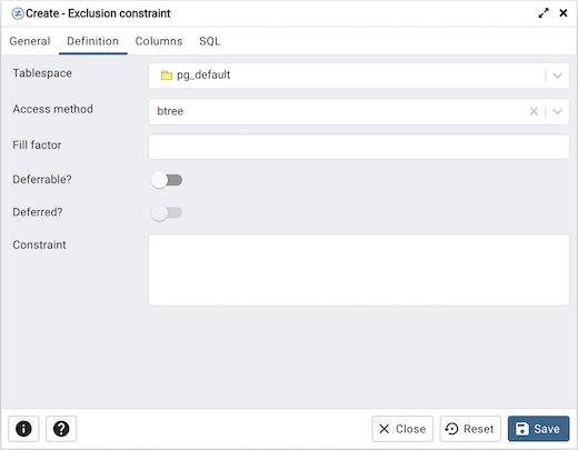 Table dialog exclusion constraint definition