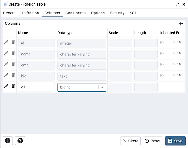 Foreign table dialog columns tab