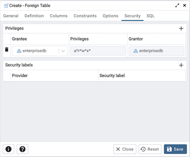 Foreign table dialog security tab