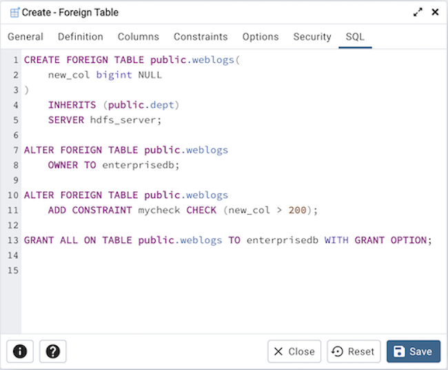 Foreign table dialog sql tab