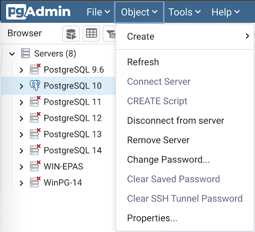 pgAdmin object menu bar