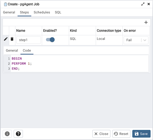 pgAgent dialog step definition code tab