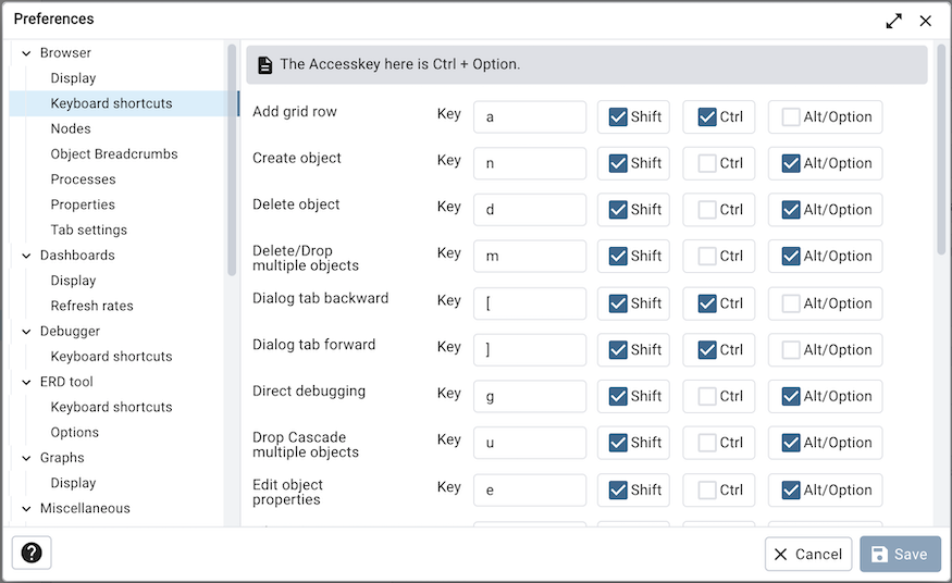 Preferences dialog browser keyboard shortcuts section