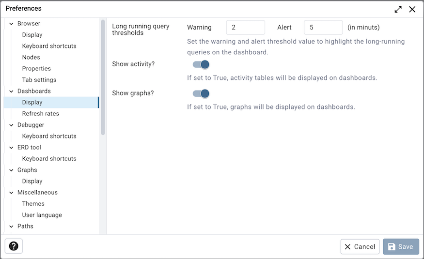 Preferences dialog dashboard display options