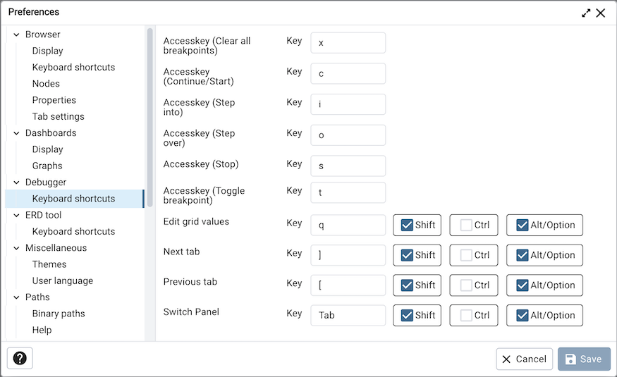 Preferences dialog debugger keyboard shortcuts section