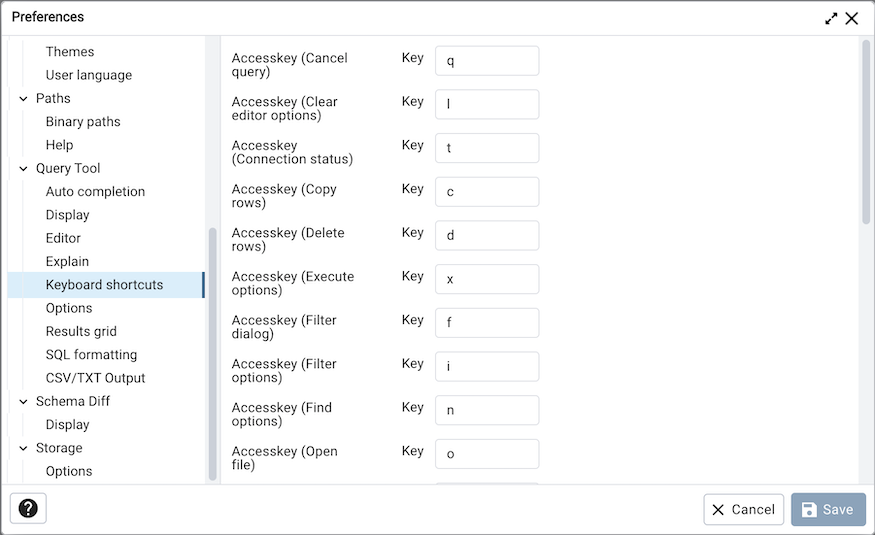 Preferences dialog sql keyboard shortcuts section