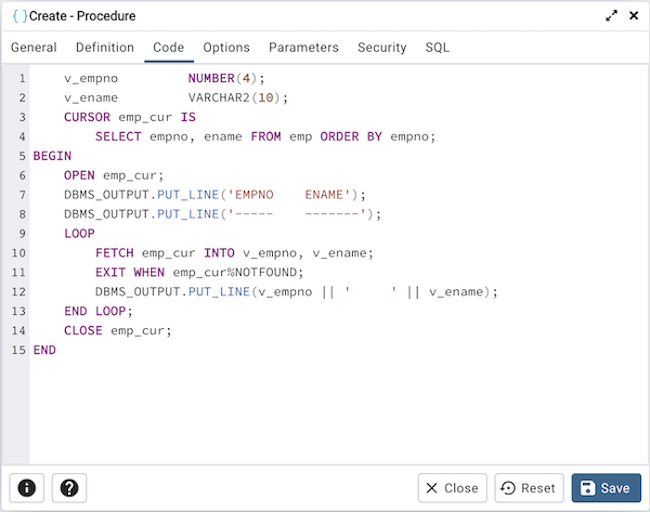 Procedure dialog code tab