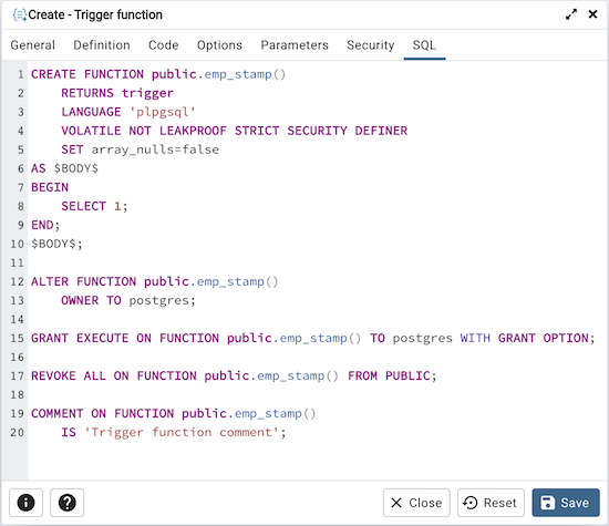 Trigger function dialog sql tab