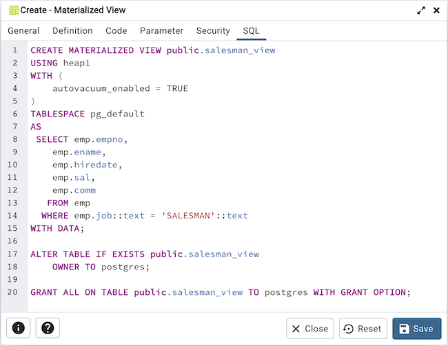 Creating a store view in postgresql