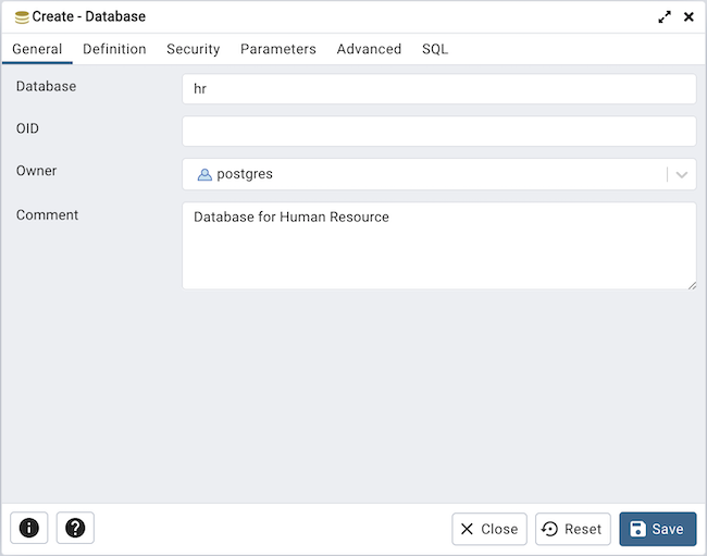 Database Dialog — pgAdmin 4 8.9 documentation