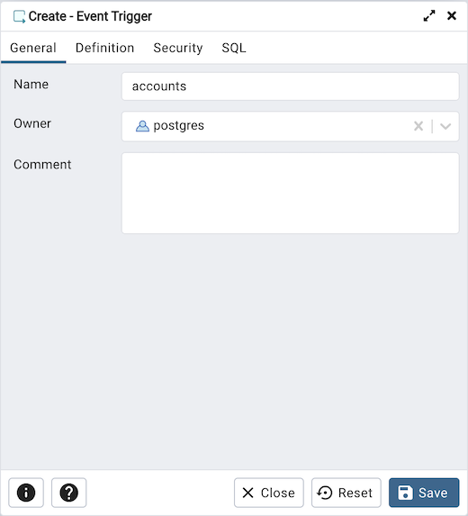 Event Trigger Dialog — pgAdmin 4 8.9 documentation