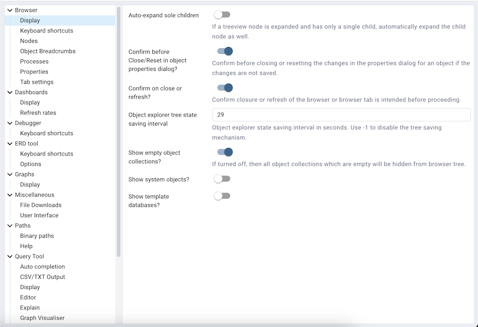 Preferences browser display options