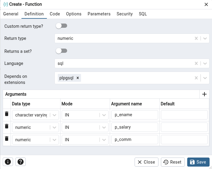 Function dialog definition tab
