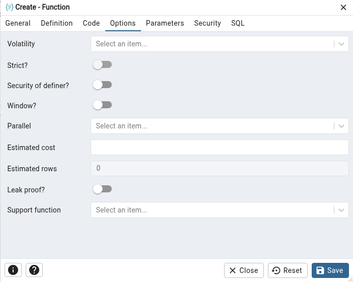 Function dialog options tab