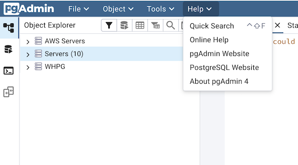 pgAdmin help menu bar