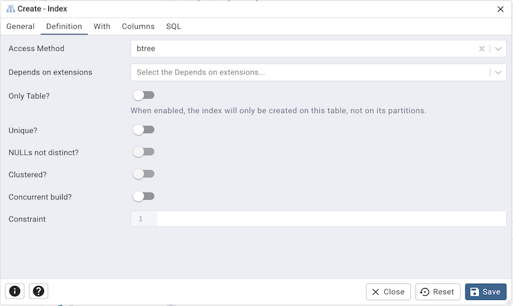 Index dialog definition tab