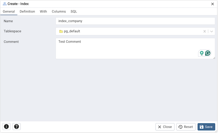 Index dialog general tab