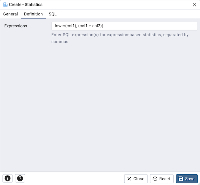 Statistics dialog definition tab