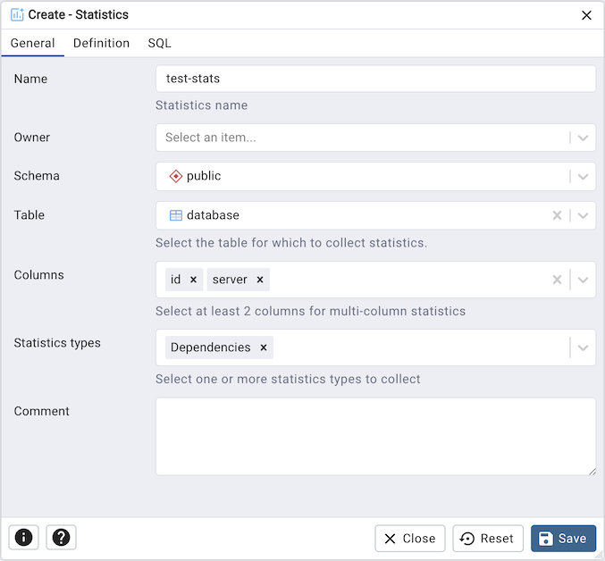 Statistics dialog general tab