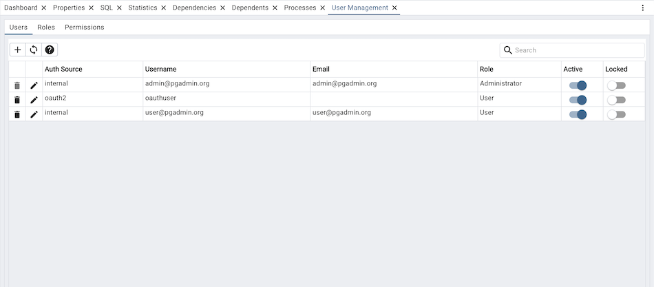 pgAdmin user management window