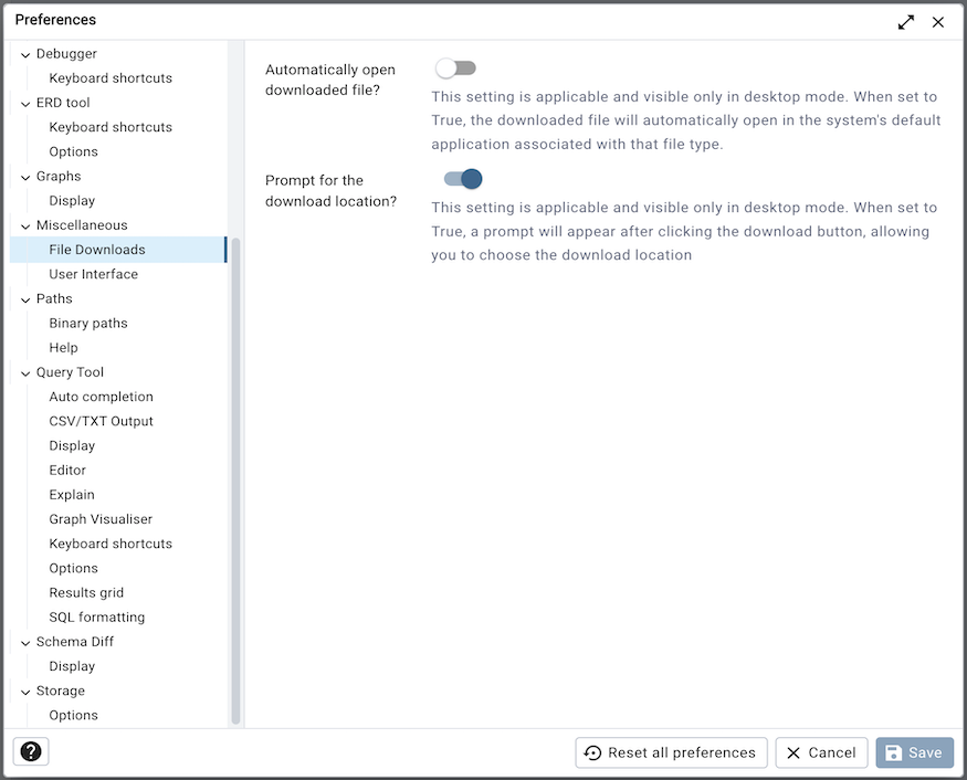 Preferences dialog file downloads section