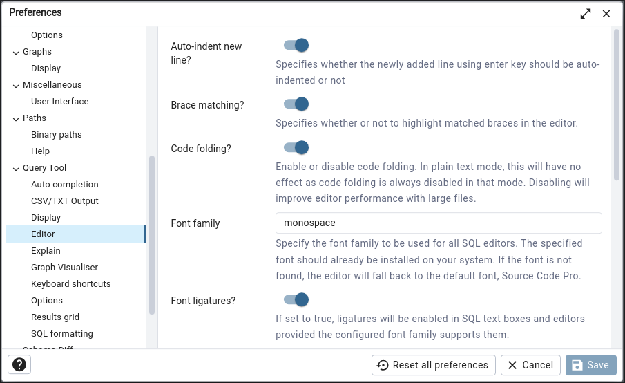 Preferences dialog sqleditor editor settings