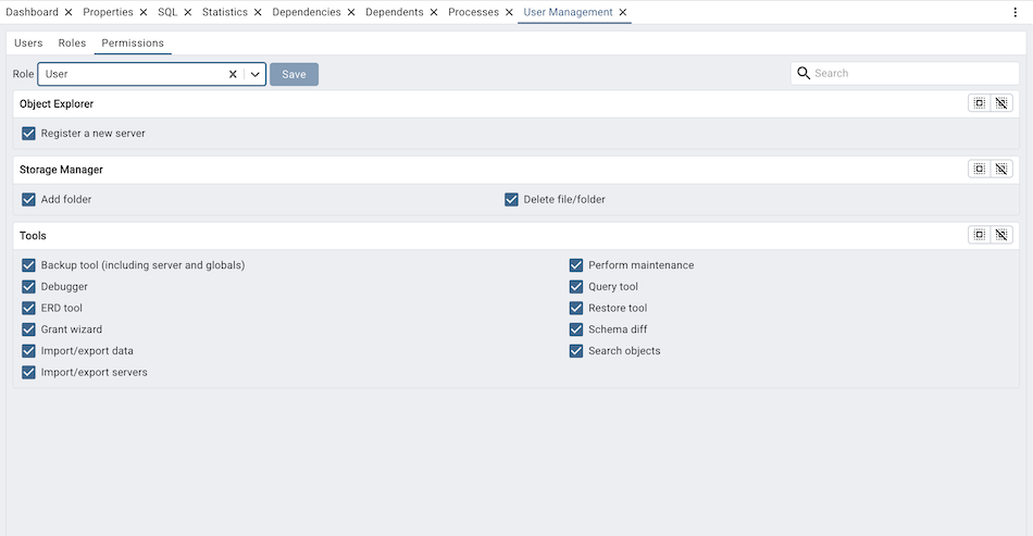 pgAdmin permissions management window