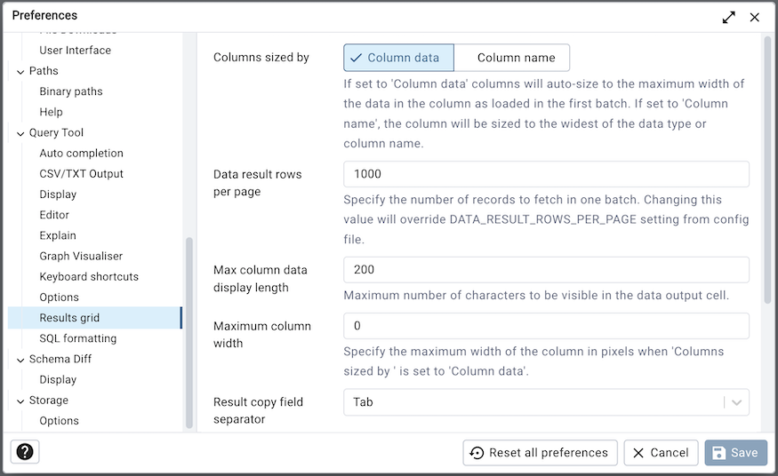 Preferences dialog sql results grid section