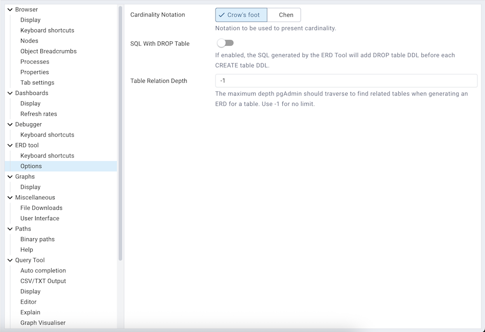 Preferences erd options section