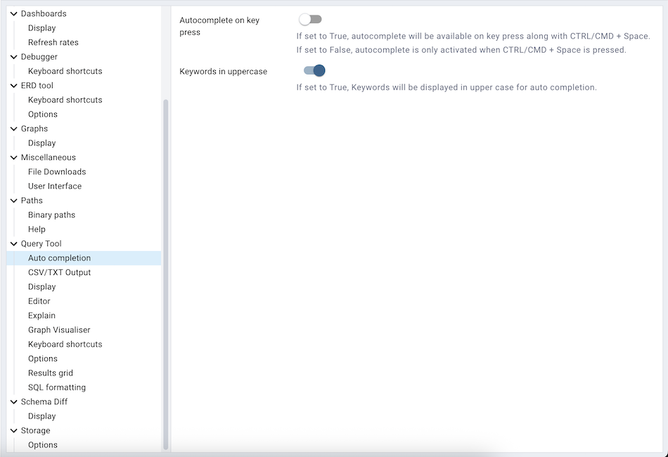 Preferences sqleditor auto completion option